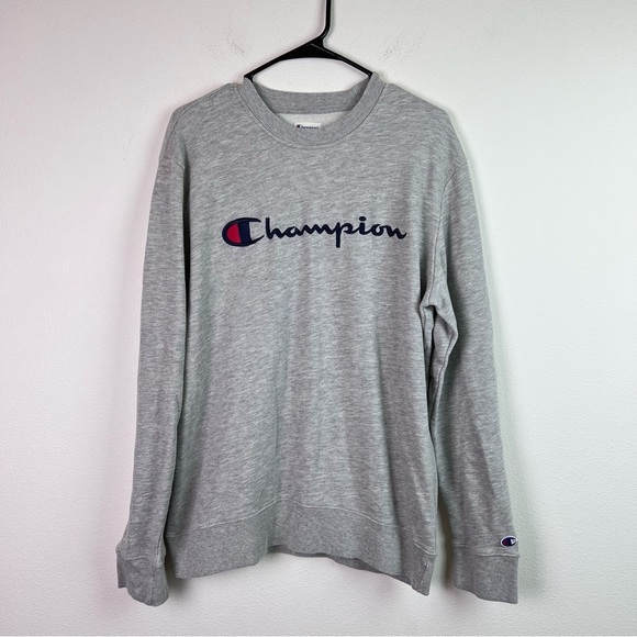 Champion Longsleeve Fleece Crewneck Women's Medium Heather Gray Embroidered Logo - Picture 1 of 8